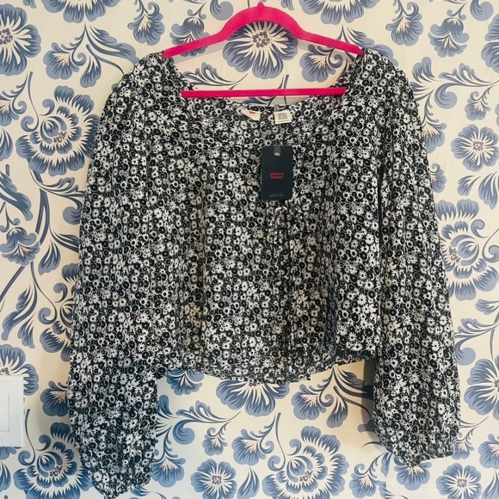Levi‎ Jeans Micro Floral Puff Sleeve Front Tie Shirt 2XL NWT